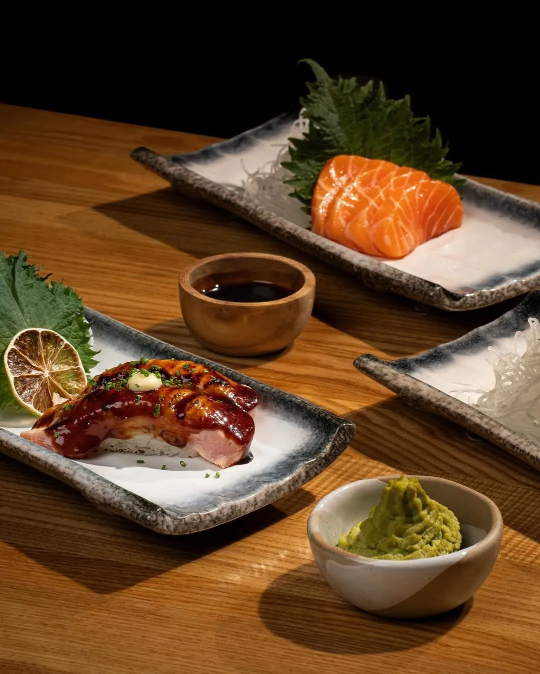Salmon sashimi and glazed nigiri