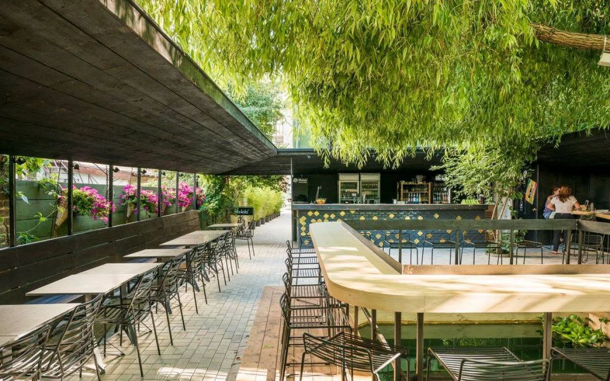 Edo Sushi & Garden — terasa sub salcie, cu bar lung din lemn